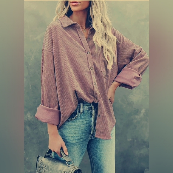 BOHO Corduroy Shirts Causal Long Sleeve Button Down Blouses Tops with Pockets - Picture 1 of 4